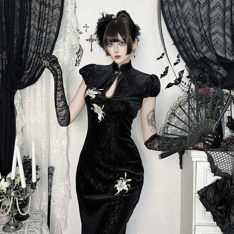 Chinese Style Sier Silk Veet Cheongsam Autumn Dark Sexy Dresses