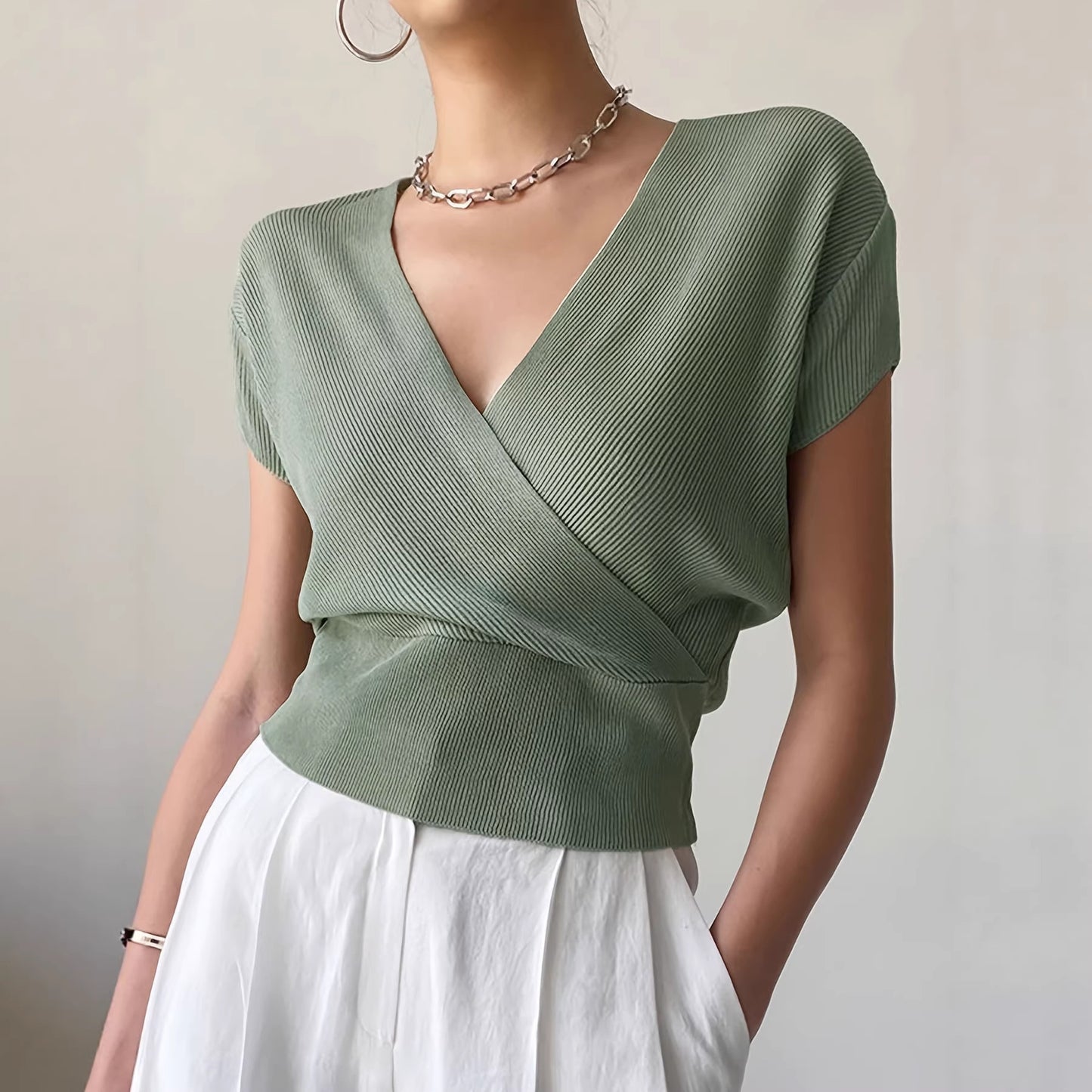 Women's Color With Cross Collar On Both Sides Easy Matching Waisted Women's Sweater