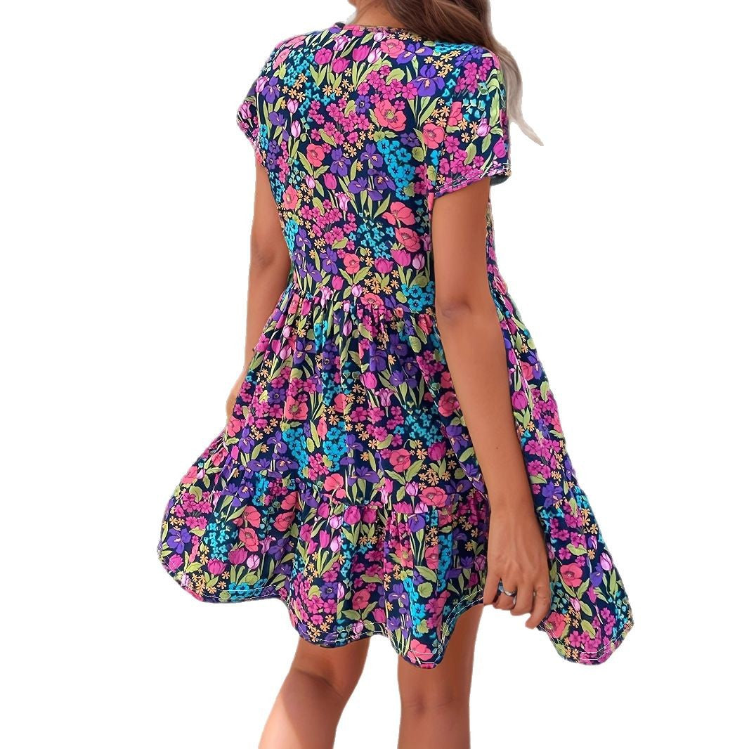 Comfortable Women's Printed Stitching Flower Short-sleeved Dress