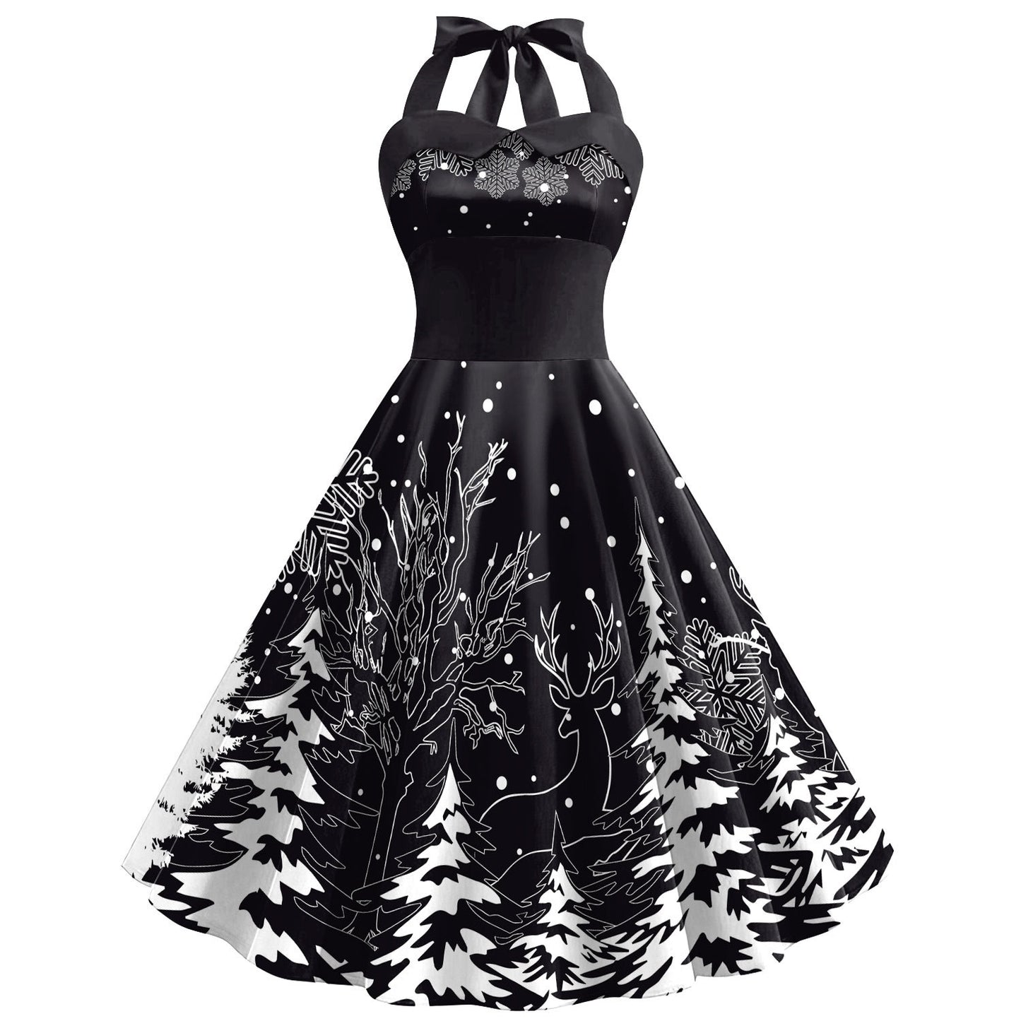 Women's Christmas Snowflake Printed Tied Shoulder Strap Dress