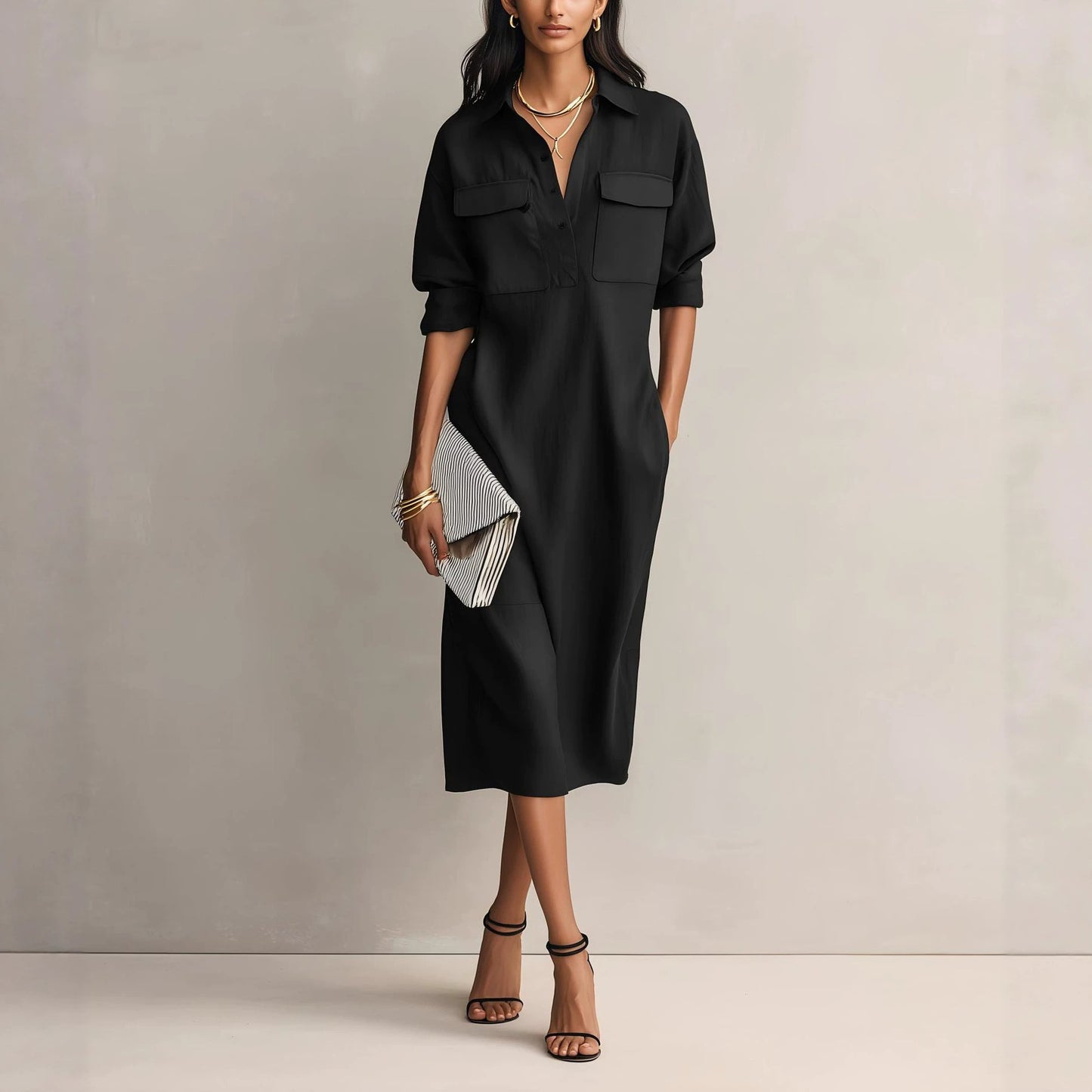Lapel Long Sleeve Commuter Black Casual Dress
