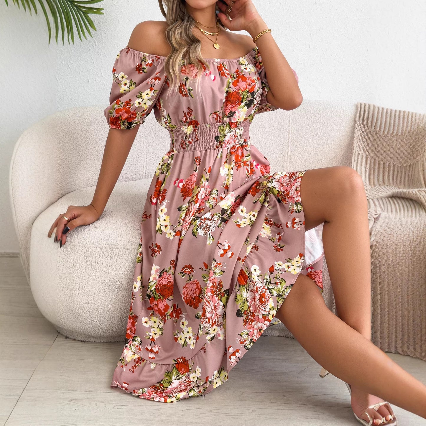 Women's Flower Sleeve Ruffled A- Line Holiday Dress
