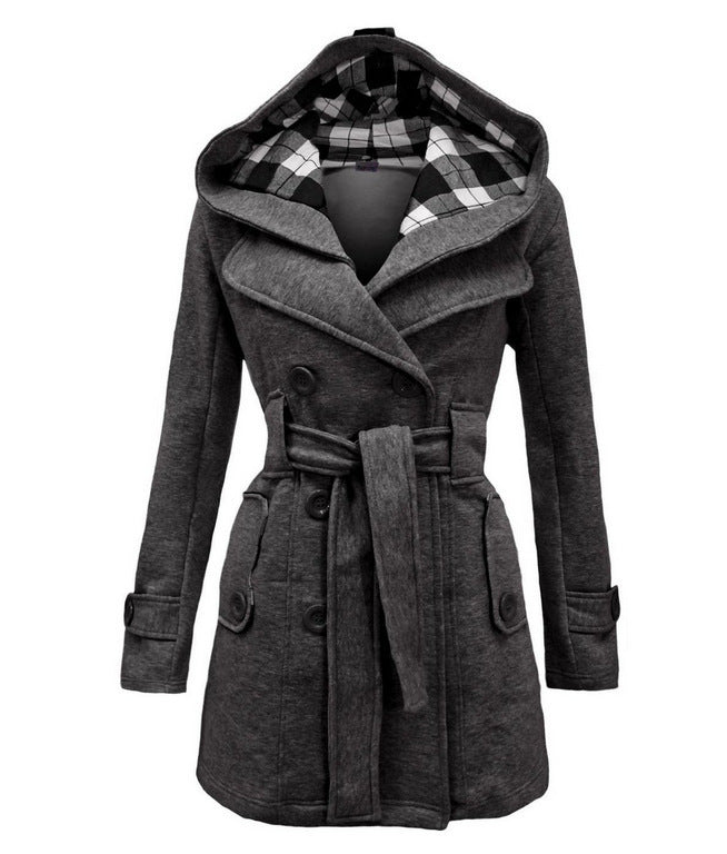 Women's Trench Woolen Plaid Hoodie Elegant Double-breasted Coats