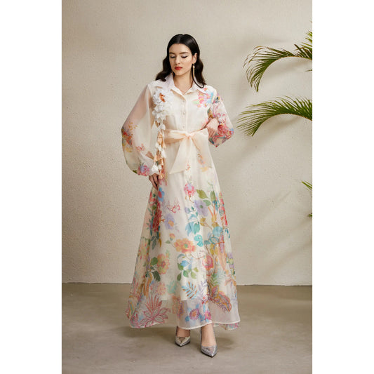 Women's Autumn Three-dimensional Floral Holiday Lapel Lantern Sleeve Dresses