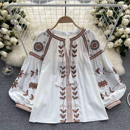 Women's Ethnic Style Design Sense Tassel Long Sleeve Loose Round Blouses