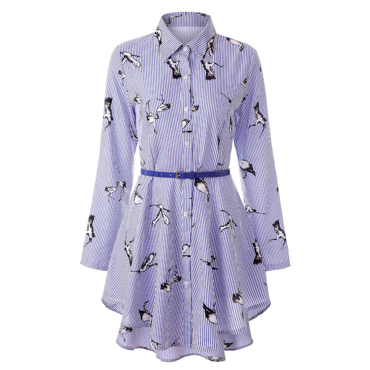 Women's Long-sleeved Striped Shirt Single-breasted Belt Elegant Dress