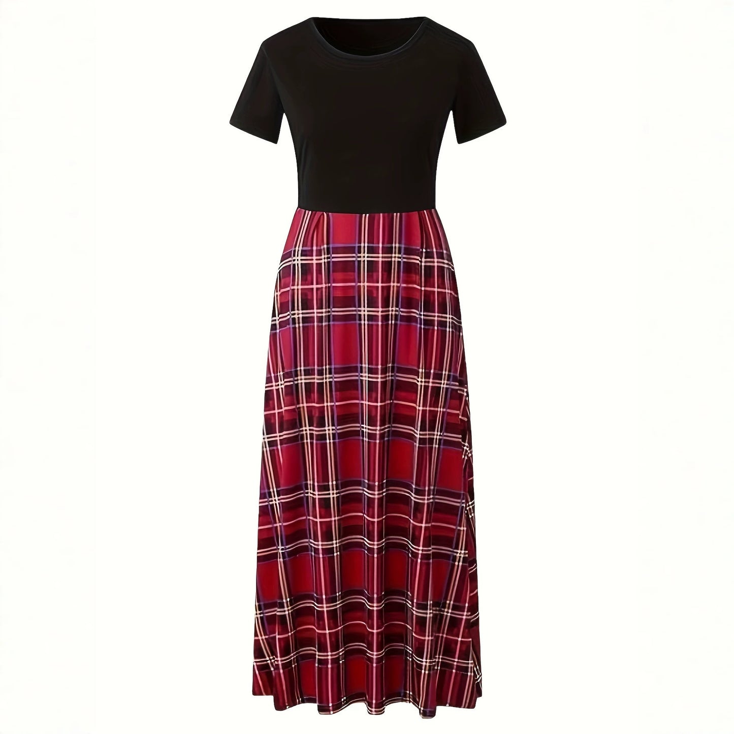 Women's Neck Stitching Contrast Color Check Fashion Casual Swing Dress