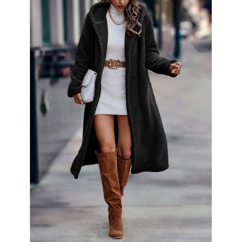 Women's Fashion Long Solid Color Sleeve Plush Coats