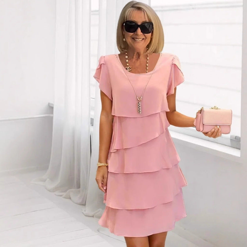 Women's Sleeve Cake Solid Color Round Neck Dress