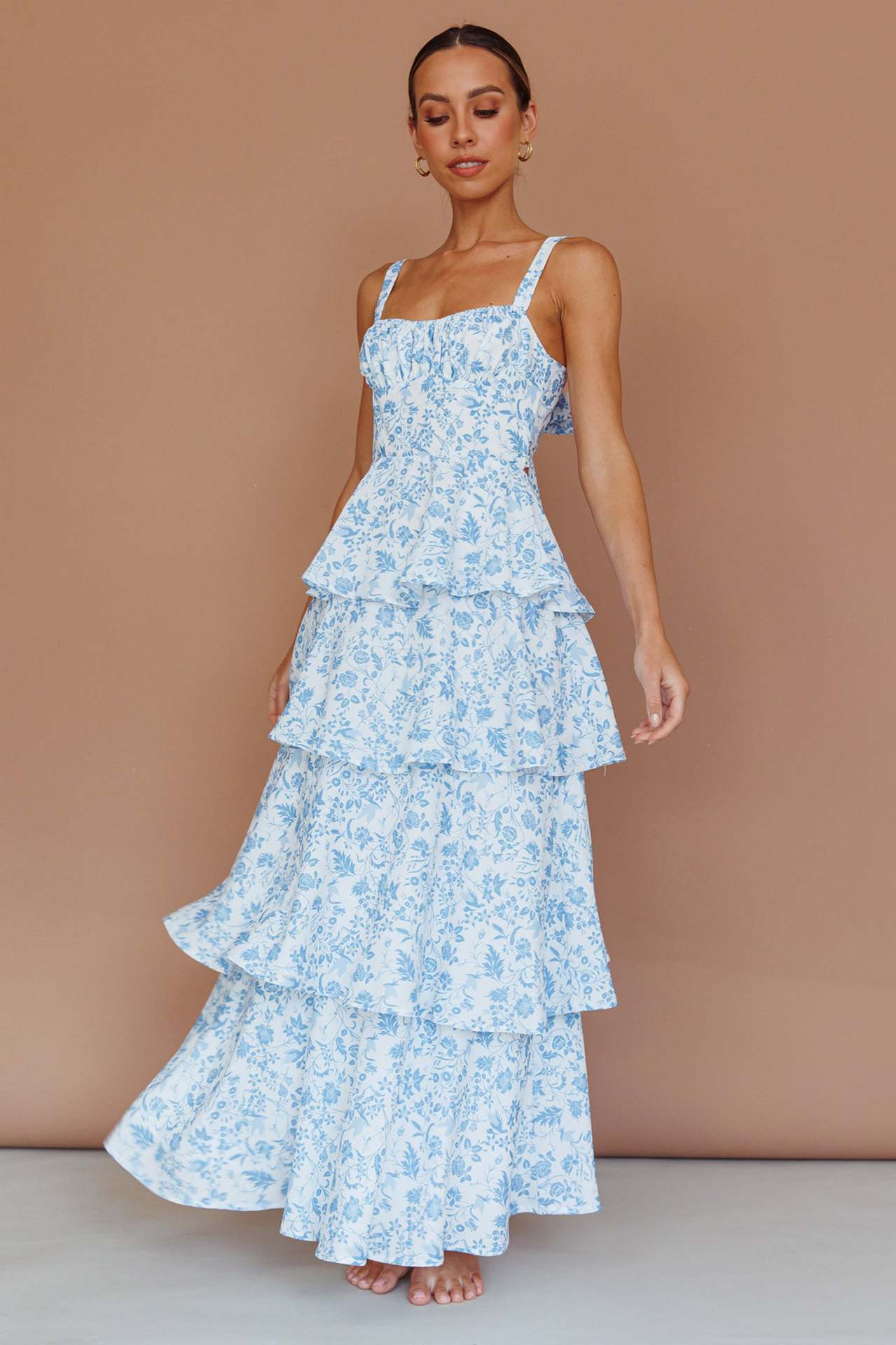 Women's Waist Trimming Spaghetti Straps Printed Long Dresses