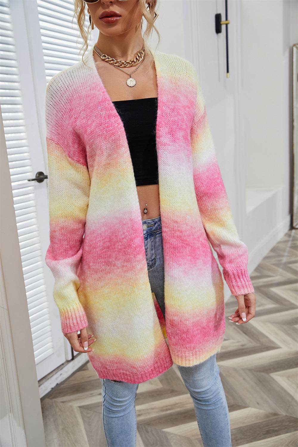 Pretty Women's Winter Rainbow Mid-length Loose Sweater