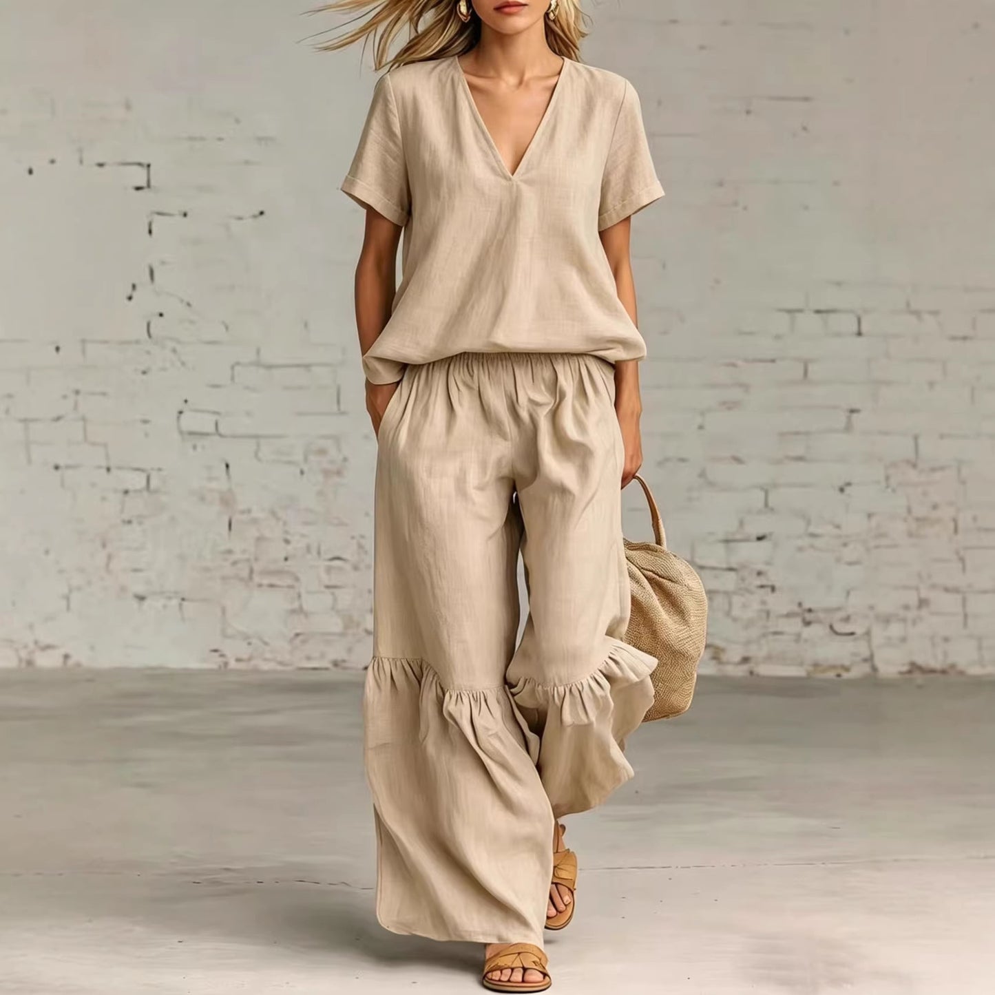 Women's Solid Color Loose Short-sleeved Trousers Two-piece Fashion Casual Suit
