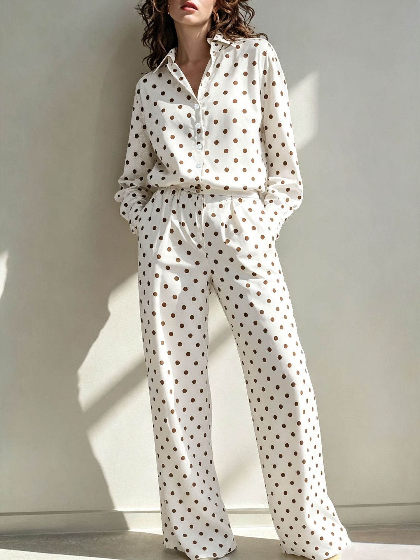 Sleeve Lapel Shirt Elastic Waist Wide Leg Two-piece Set Light Pants
