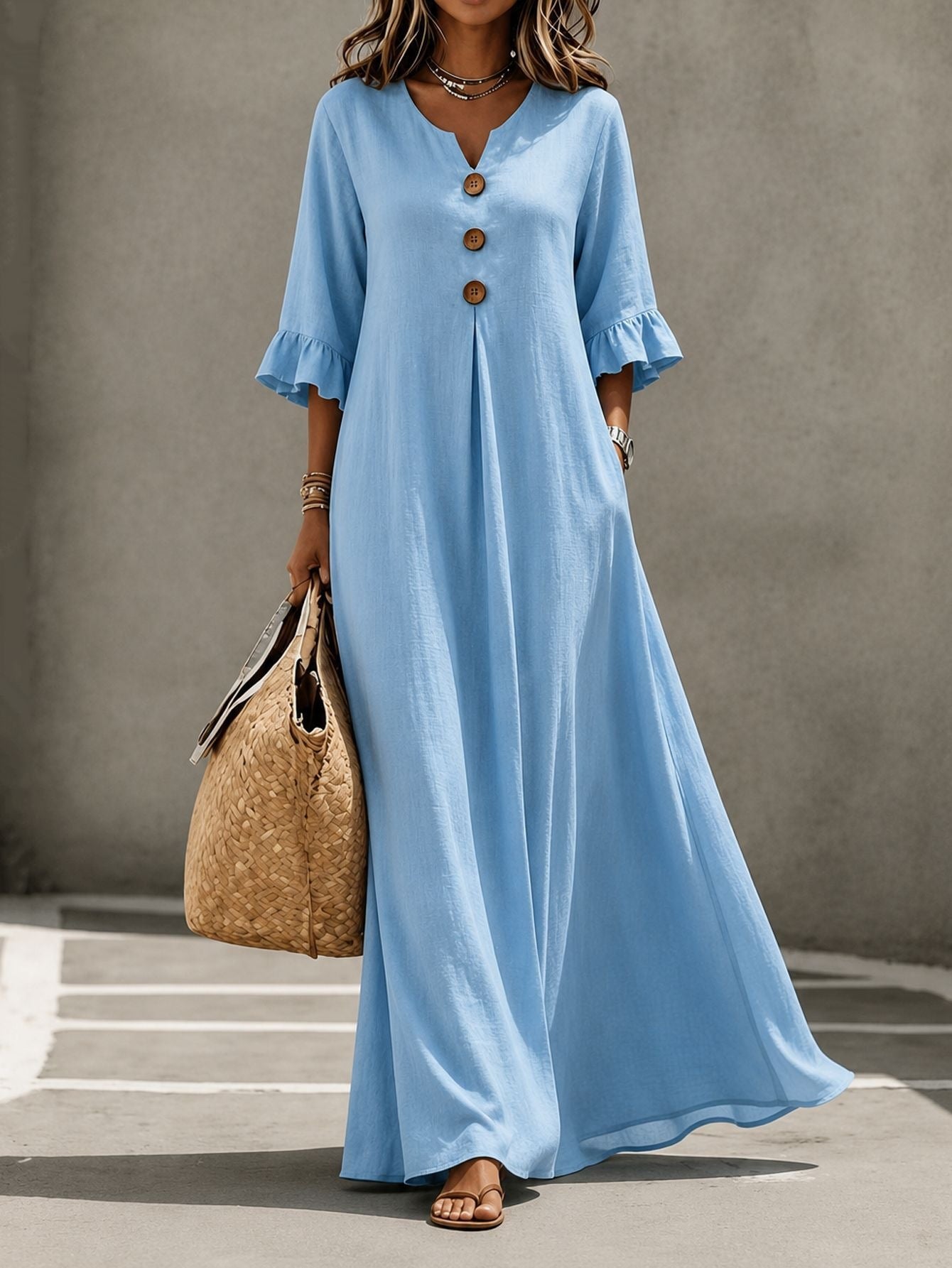 Women's Lotus Leaf Sleeve Pocket Long Fashion Dress