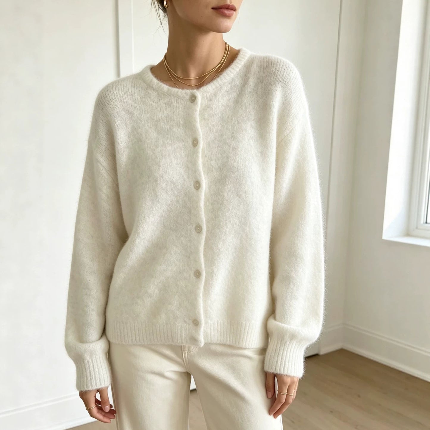 Women's Single-breasted Round Neck Soft Solid Color Furry Women's Sweater