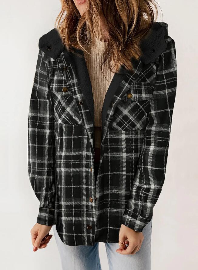 Women's Plaid Long Sleeve Furry Hooded With Coats
