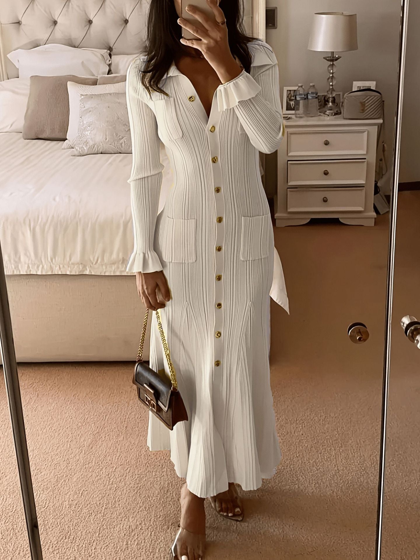 Women's French Lapel Solid Color Elegant Knitted Dress