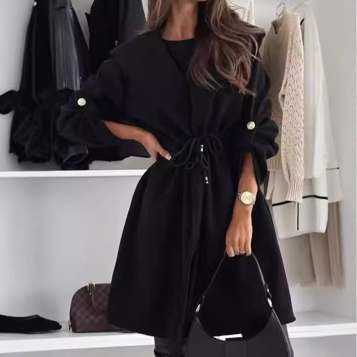 Women's Hooded Lapel Tied Casual Long Sleeve Coats