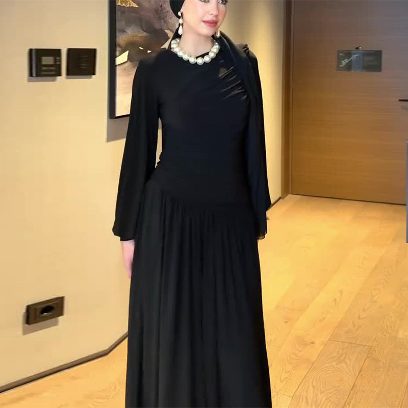 Women's Pleated Waist Tight Long Sleeve Round Dresses