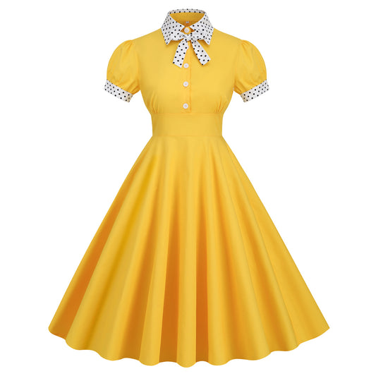 Hepburn Style Contrast Color Collar Polka Dots Retro Swing Dresses