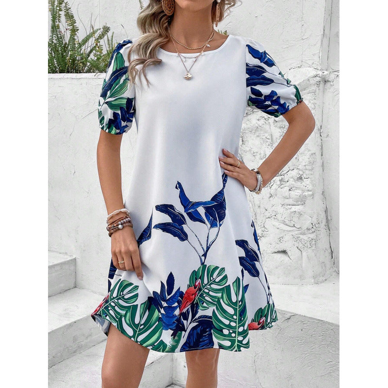 Floral Print Round Neck Loose Sleeves Shorts