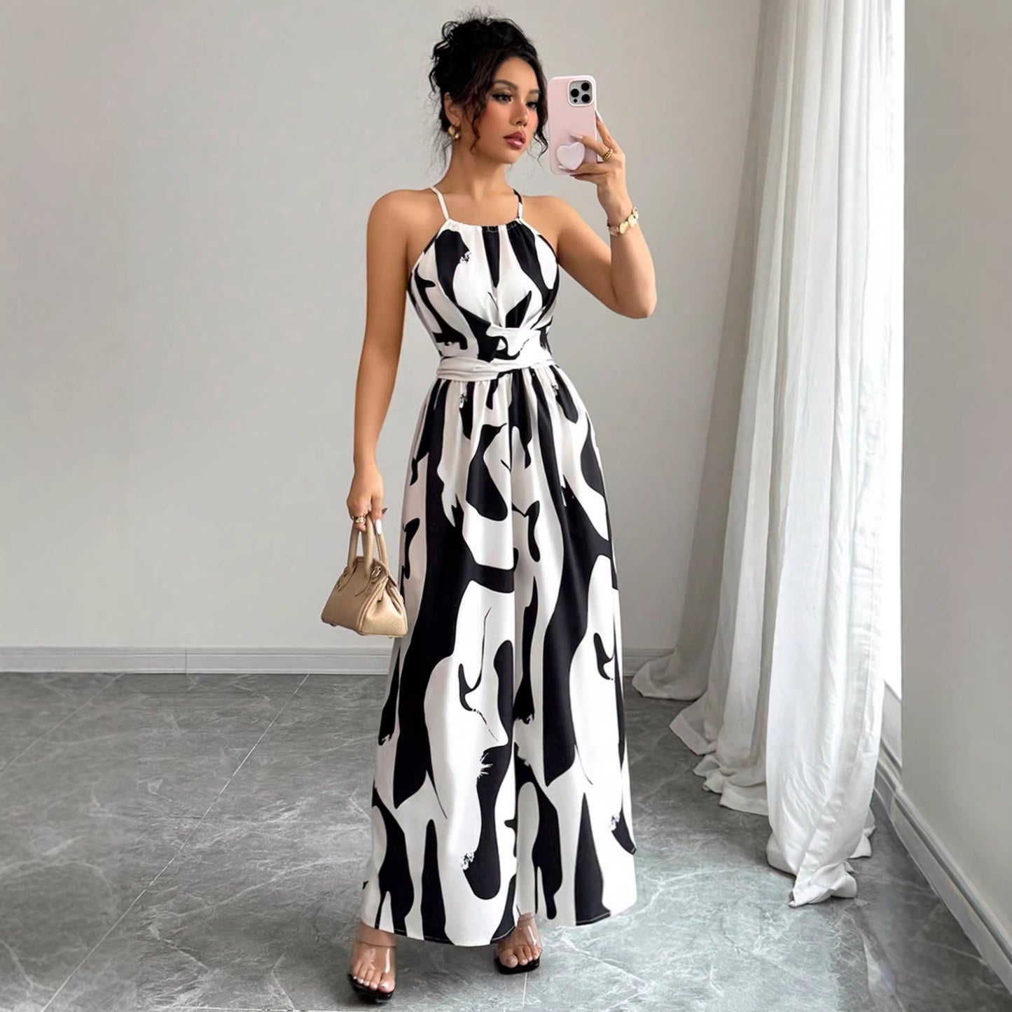 Women's Fashion Sexy Print Halter Strapless Long Dress