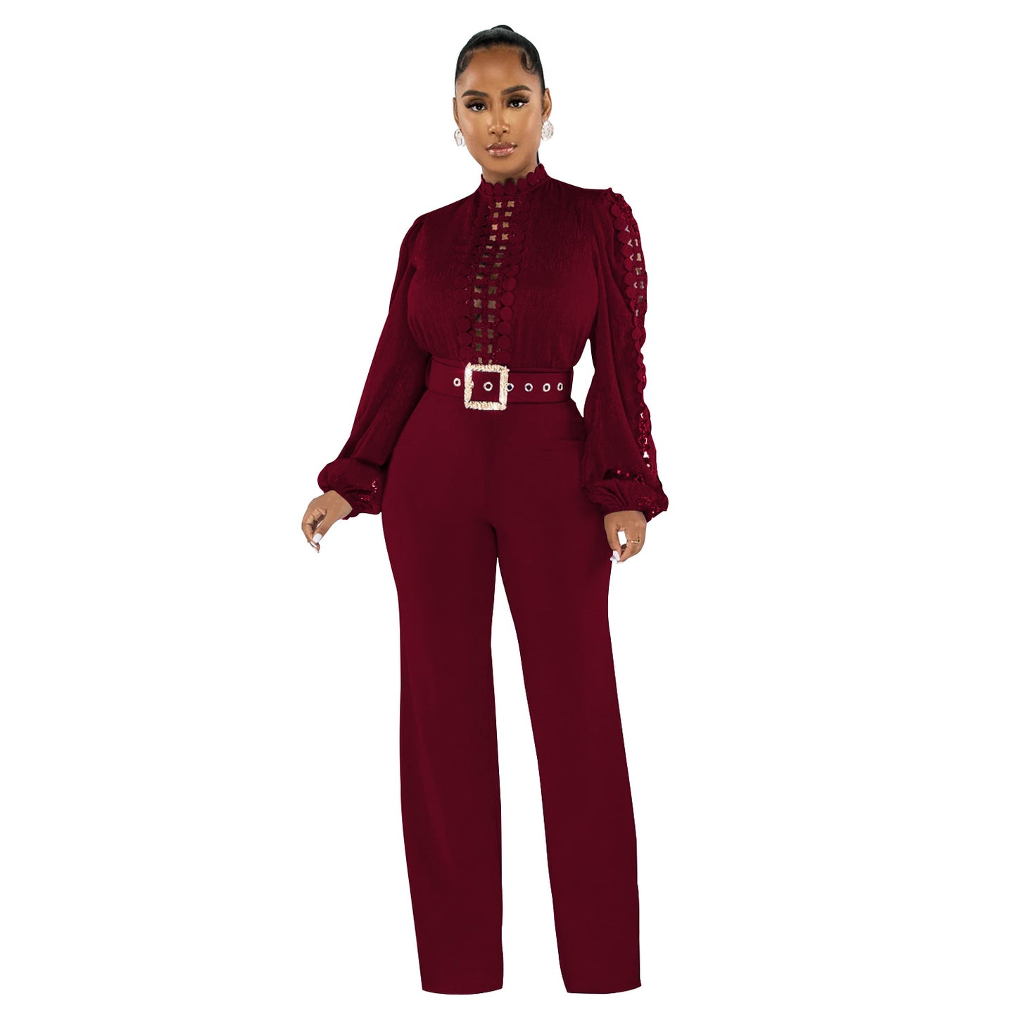 Women's Wear Belt Lace Cutout Solid Color Suits