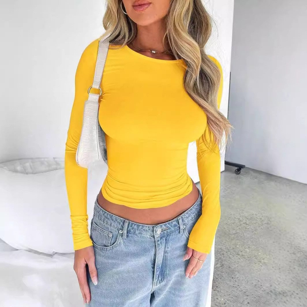 Women's Color Slim Fit Round Neck Long-sleeved Blouses