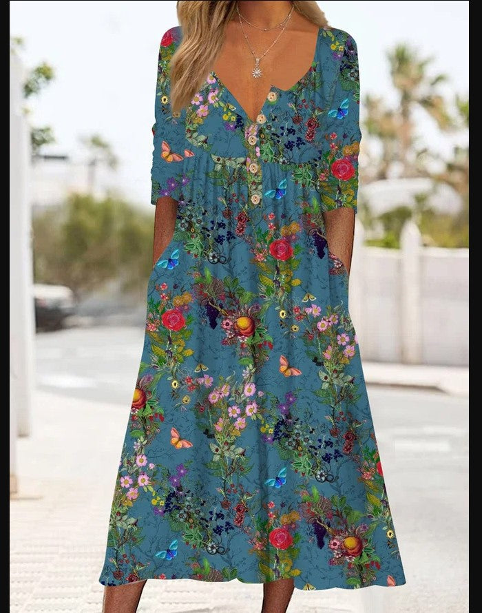 Women's Printed Pocket Clinch Long Dress Plus Size