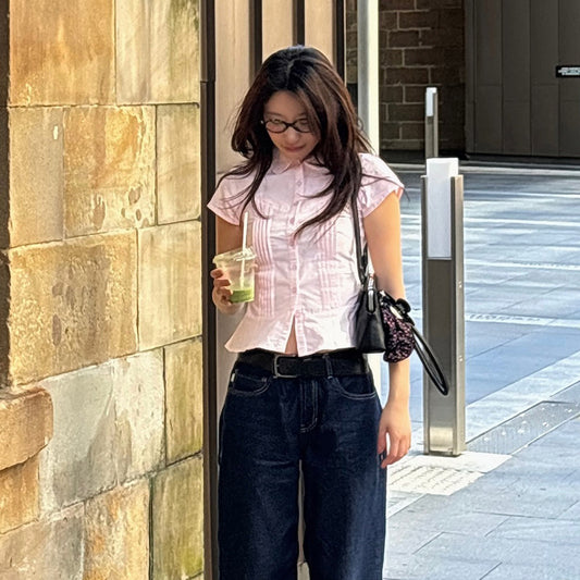 Women's Organ Pleated Solid Color Collar Short-sleeved Blouses