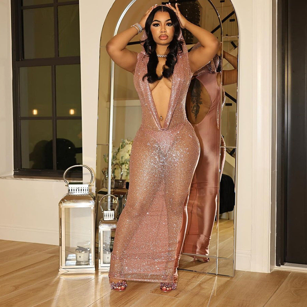 Women's Sexy Deep V Sequined Long Dress Dresses