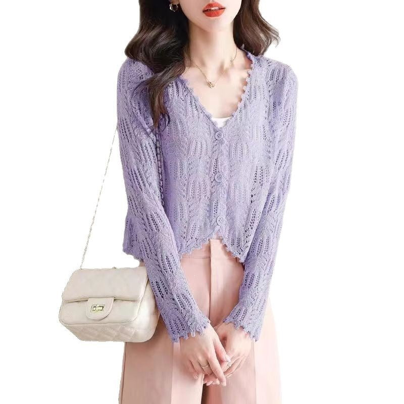 Women's Cape Long Sleeve Sunscreen Hollow Out Crochet Knitted For Shorts