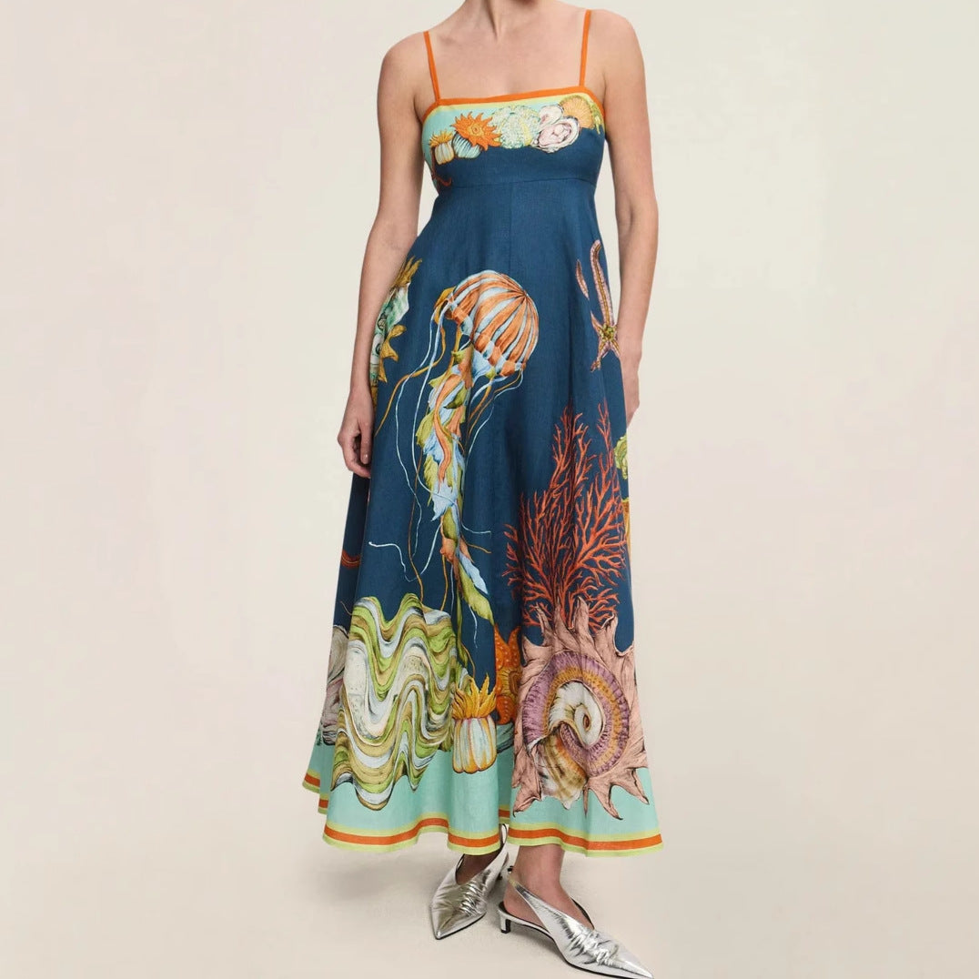 Women's Summer Elegant Printed High Waist Sling Large Swing For Island Dress