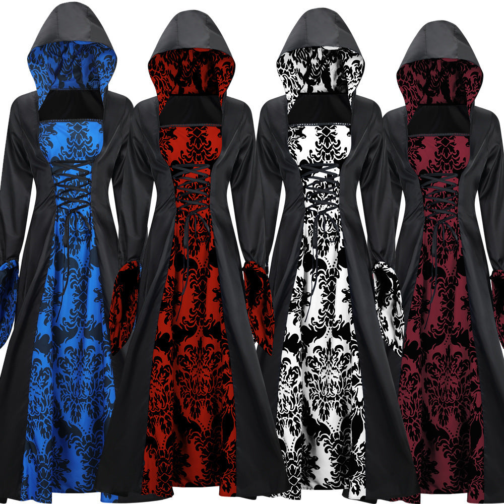 Retro Palace Style Long Sleeve Hooded Wide Hem Printed Dress