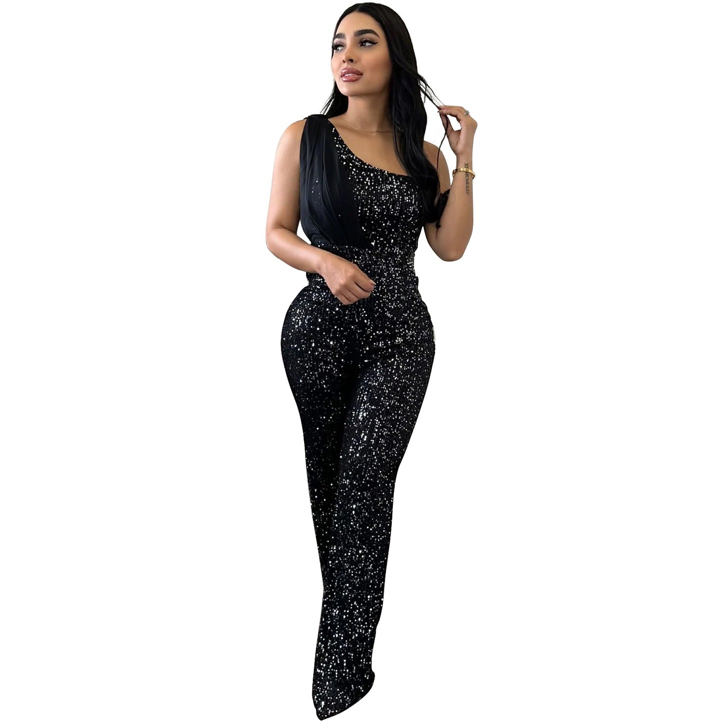 Women's Fashion Wear Solid Color Sleeveless Sequined Jumpsuits