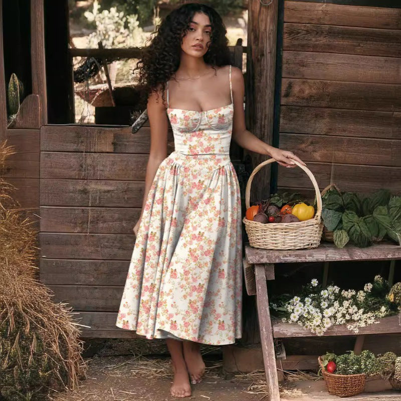 Women's Elegant Palace Style Sexy Low-cut Suspender Large Swing Dress