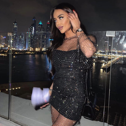 Women's Summer Fashion Diamond Round Neck Long Sleeve Fishnet Dresses