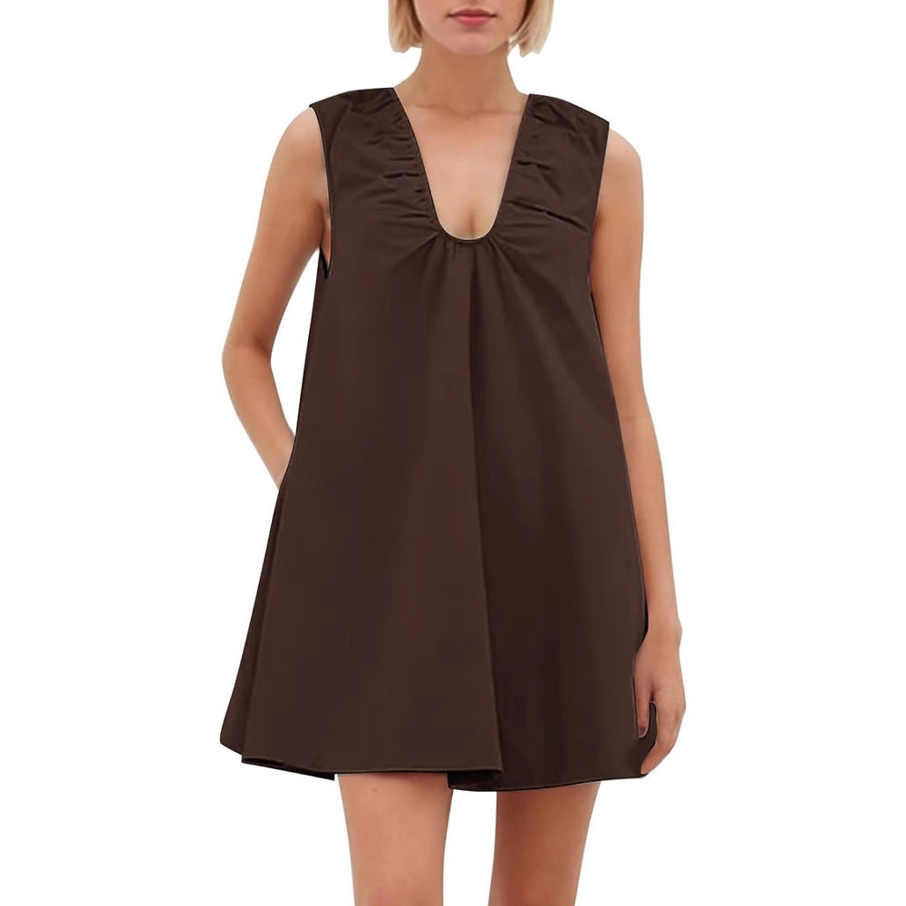 Fashionable Commuter Pleated Loose A- Line Sleeveless Solid Color Dress