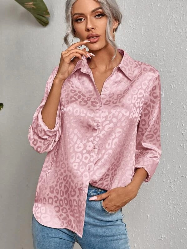Women's Lapel Open Button Leopard Jacquard Shirt Temperament Blouses
