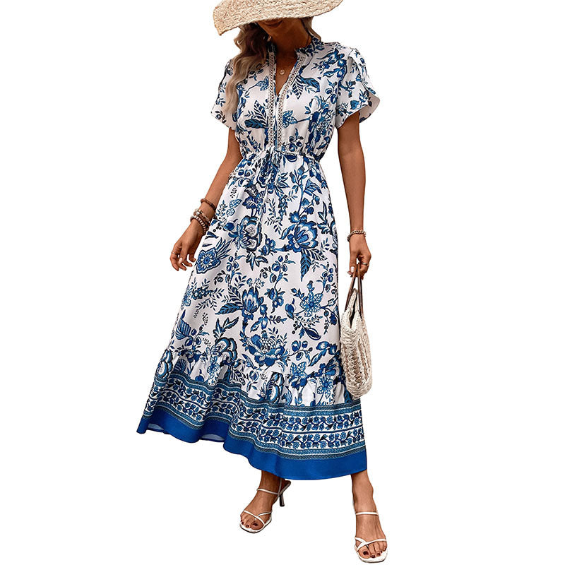 Holiday Casual Blue Retro Ethnic Print Dresses