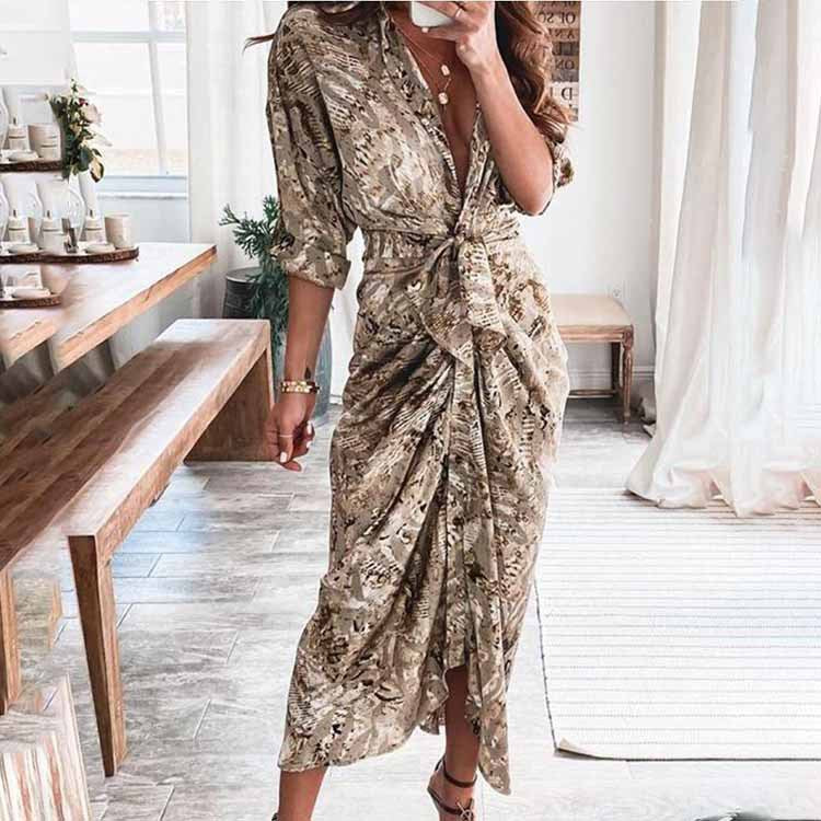 Women's Spring Sexy Print Pleated Irregular Dress Dresses