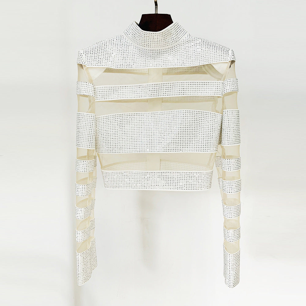 Temperament Fashion Mesh Patchwork Hot Drilling Tops