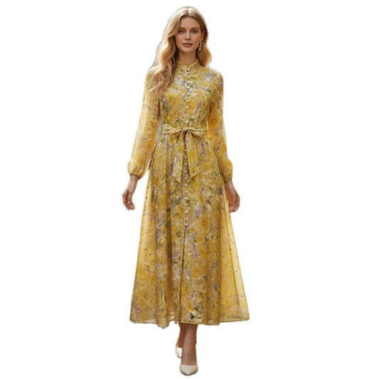 Silk Linen Starry Rhinestone Breasted Umbrella Dresses