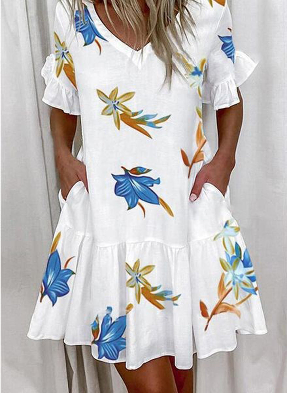 Women's Summer Loose Print Ruffled Pocket Sleeve Shorts