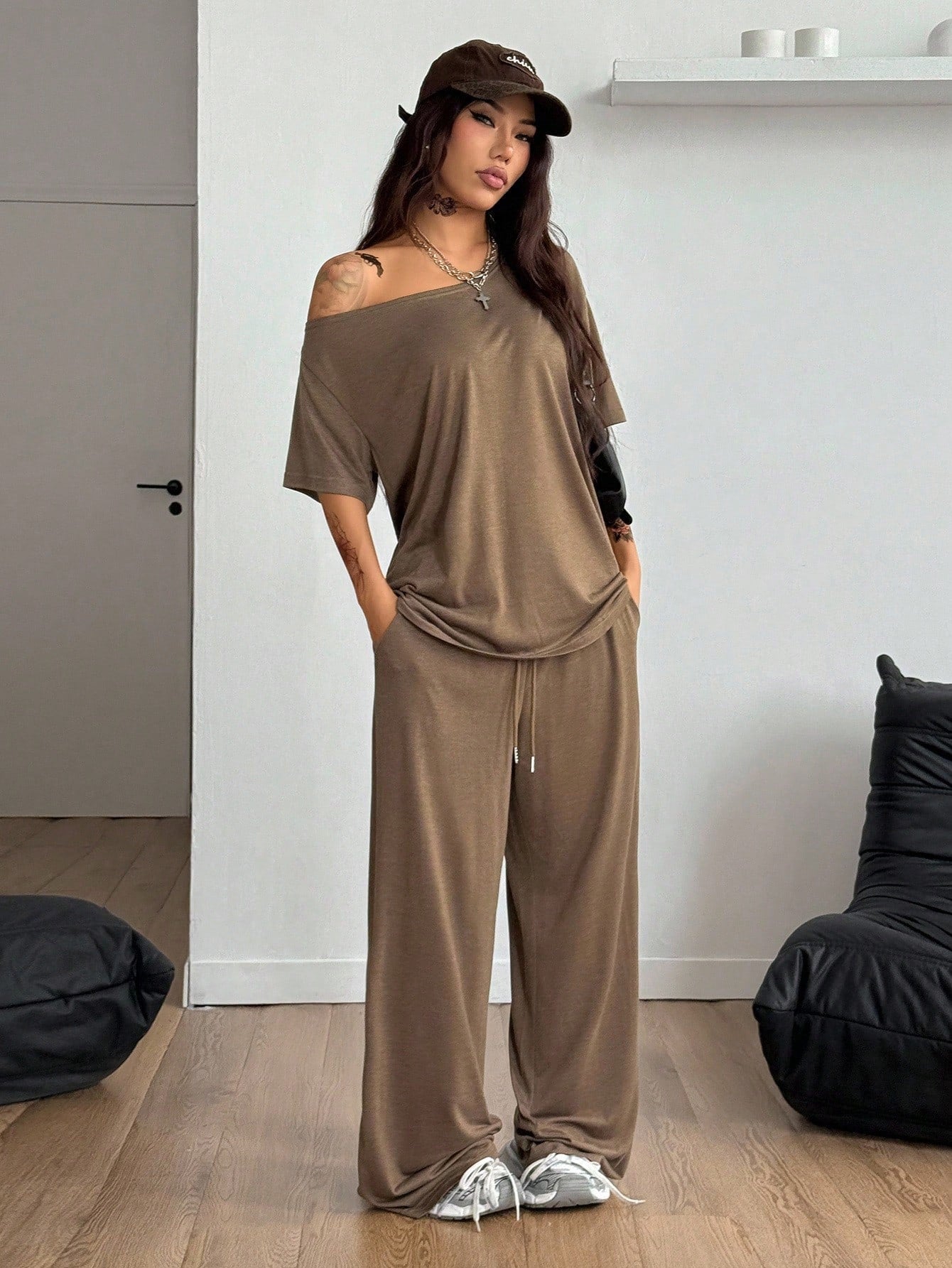 Women's Collar Wide Leg Solid Color Sports Two-piece Fashion Casual Suit
