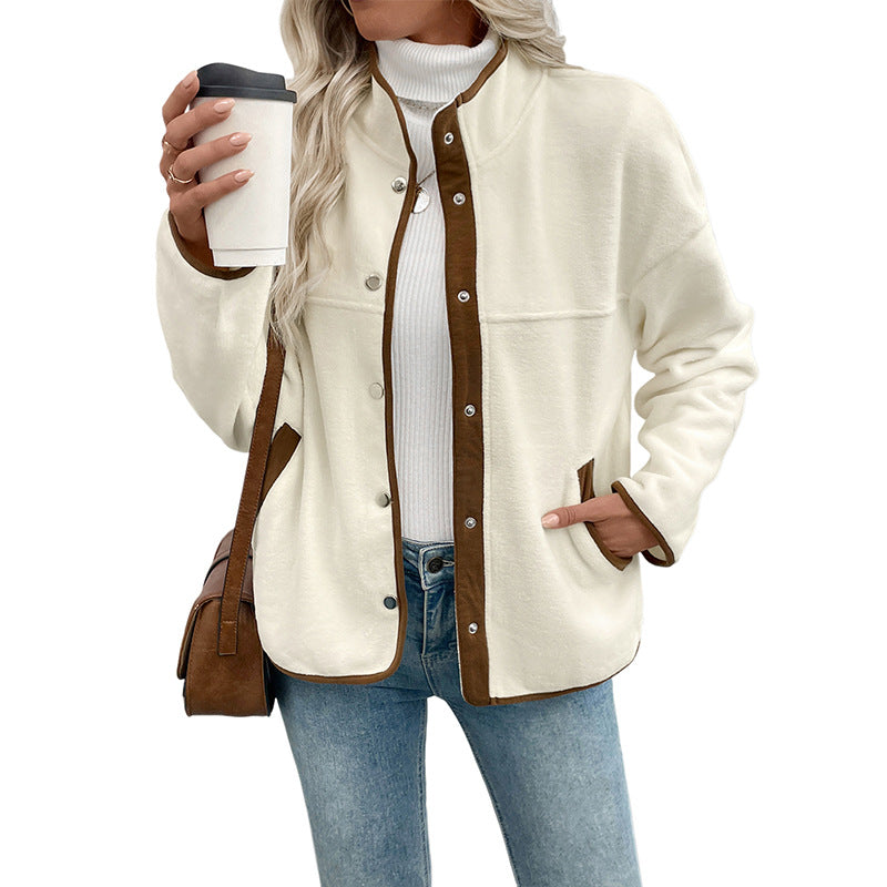 Women's Contrast Color Polar Fleece Stand-up Collar Coats