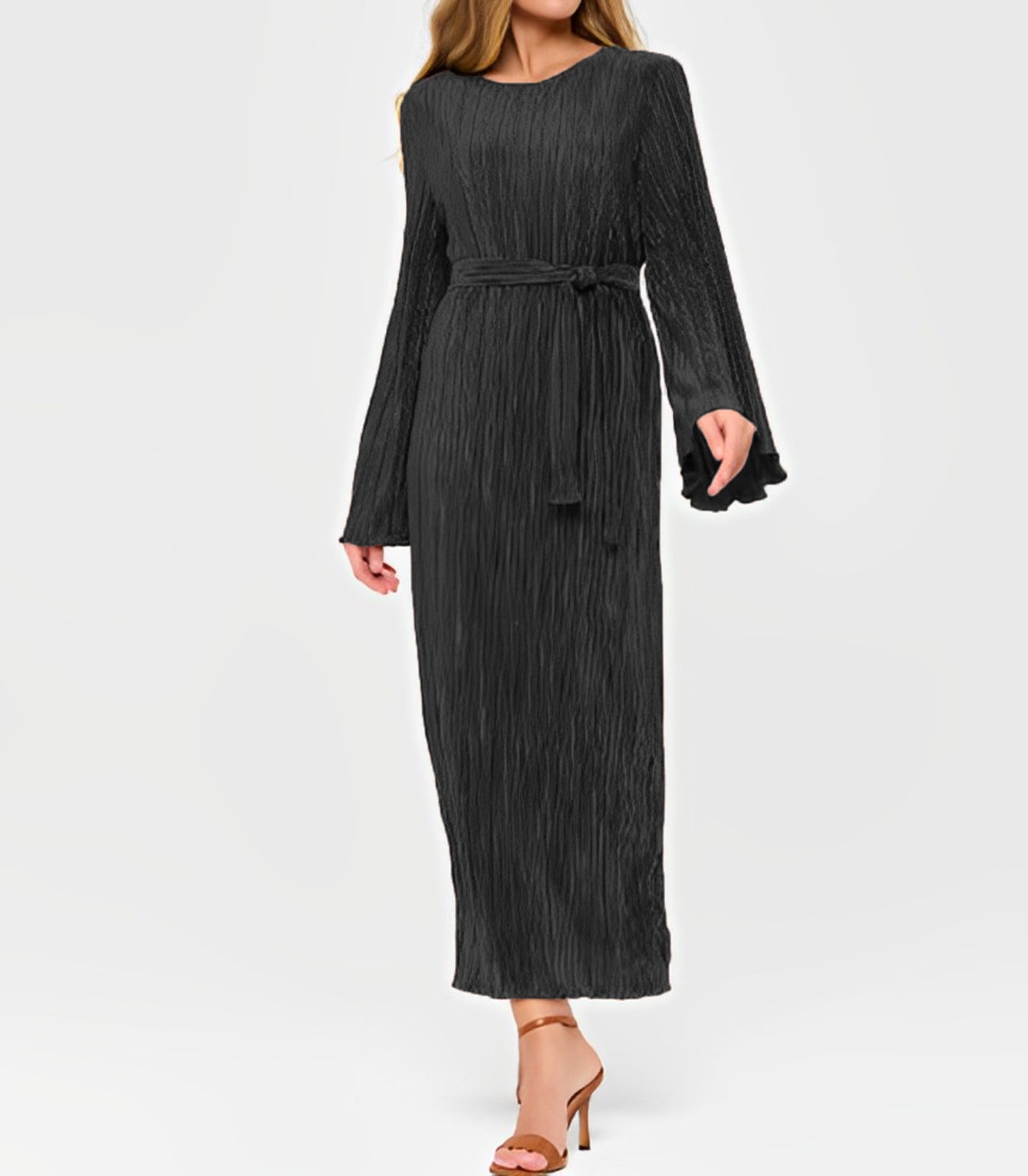 Women's Pleated Bell Sleeve Crew Neck Casual Holiday Idle Dress