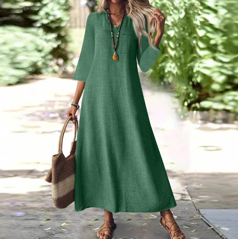 Zipper Sleeve Cotton Linen Solid Color Dress
