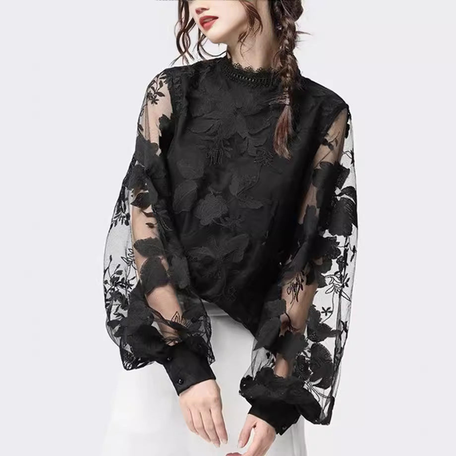 Women's Lace Puff Sleeve Transparent Round Neck Solid Blouses