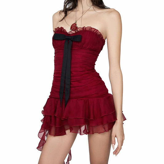 Women's Autumn Fashion Trendy Tube Bow Irregular Ribbon Waist Dresses